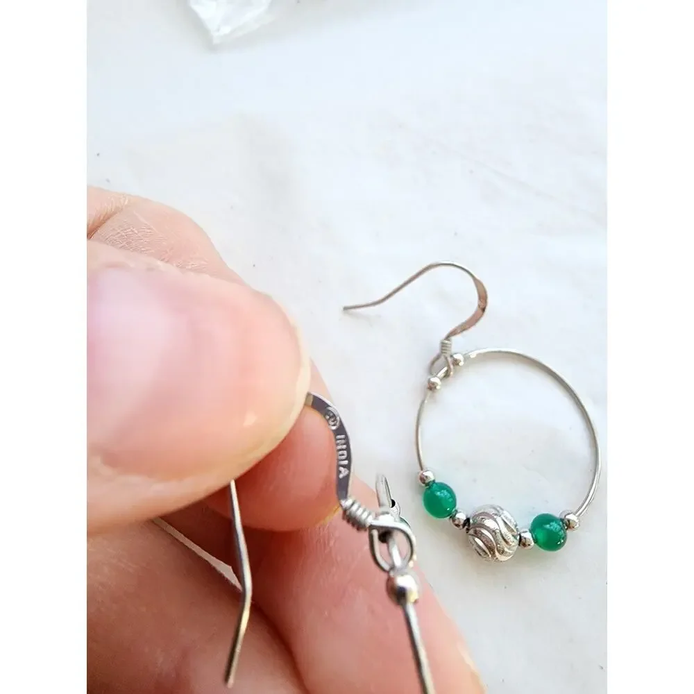 Solid 925 Sterling Silver Fine‎ Jewelry Round Hoop Earrings green Aventurine new